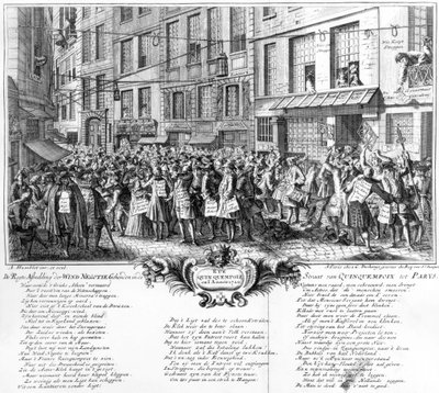 1720年、パリのカンカンポワ通りにあるバンクロワイヤル本社の前の投資家 作： Antoine Humblot