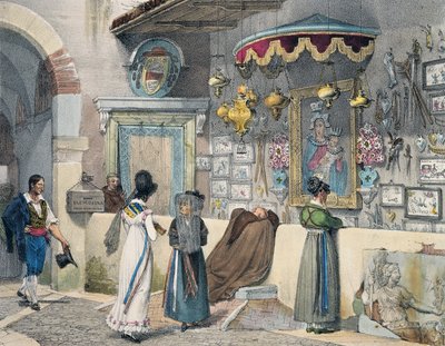ローマで礼拝する市民たち』アントワーヌ・ジャン・バティスト・トマ（1791-1834）作、『ローマの年』（フランス）のエングレービング 作： Antoine Jean Baptiste Thomas