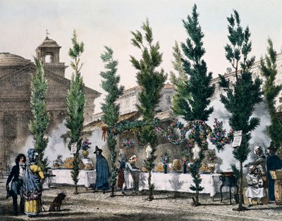 聖ヨセフの祭礼中のパンテオンのフライヤー、アントワーヌ・ジャン＝バティスト・トマ（1791-1834）の版画、『Un an a Rome et dans ses environs（ローマとその周辺での1年）』より、フランス 作： Antoine Jean Baptiste Thomas