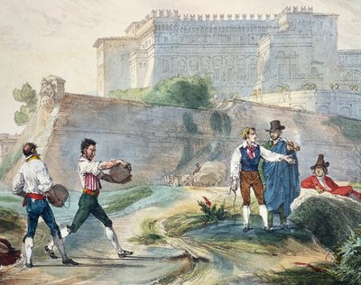 アントワーヌ・ジャン・バティスト・トーマス（1791-1834）の「ルッツィカの演奏」、カラーリトグラフ、『ローマとその周辺での1年』より 作： Antoine Jean Baptiste Thomas