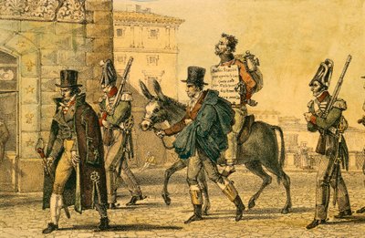 ロバに乗って街を練り歩くという罰を受けたジャン＝バティスト＝アントワーヌ・トーマス（1791-1833）のリトグラフ（『ローマの人々』より）。 作： Antoine Jean Baptiste Thomas