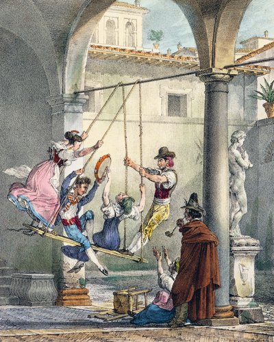 アントワーヌ・ジャン・バティスト・トマ（1791-1834）のエングレーヴィング『ローマとその周辺での一年』（フランス）より「ブランコ」。 作： Antoine Jean Baptiste Thomas