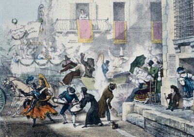ローマのカーニバルで紙吹雪を投げるアントワーヌ＝ジャン＝バティスト・トマ（1791-1833）作、イタリア 作： Antoine Jean Baptiste Thomas