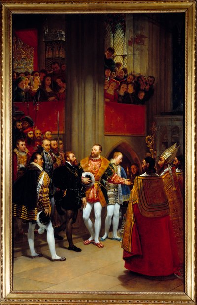 1540年、サン・ドニ修道院でフランソワ1世に迎えられたシャルル5世。アントワーヌ・ジャン・グロ（1771-1835）による絵画 作： Antoine Jean Gros
