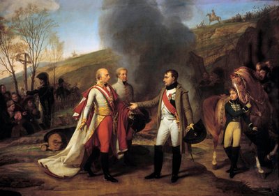 ナポレオン1世（1769-1821）とフランソワ2世（1768-1835）がアウステルリッツの戦いの後、モラヴィアのサルチッツで面会した1805年4月12日 フランソワ2世の後ろにはリヒテンシュタインのジョン1世（1760-1836）が残された。アントワーヌ・ジャン・グロ(1771-1835)の絵画。19世紀。薄暗い。 作： Antoine Jean Gros