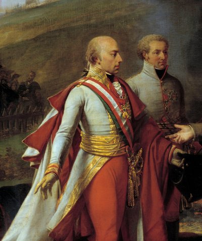 ナポレオン1世（1769-1821）とフランソワ2世の会見（アウステルリッツの戦いの後、モラヴィアのサルチッツにて）1805年12月4日 オーストリアのフランソワ2世（1768-1835）（左）とリヒテンシュタインのジョン1世（1760-1836）（右）を表す詳細。アントワーヌ・ジャンによる絵画 作： Antoine Jean Gros