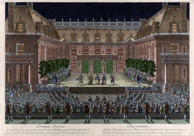 ジャン・バティスト・リュリ（ジョヴァンニ・バッティスタ・ルッリ）（1632-1687）がフランシュ・コンテ奪取（1674年）の際に行った祝賀会のために、ヴェルサイユ城の大理石の中庭で描いた「アルセスト」の表現。ル・ポートルによるエングレーヴィング（1 作： Antoine Le Pautre
