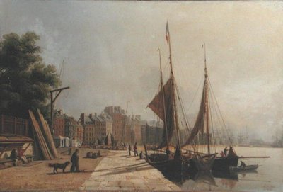 早朝の埠頭、ルアーブル、1853年頃（キャンバスに油彩） 作： Antoine Leon Morel Fatio