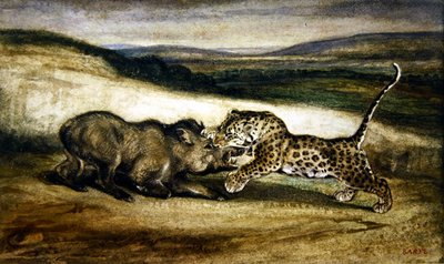 イノシシと戦うパンサー（水彩画） 作： Antoine Louis Barye