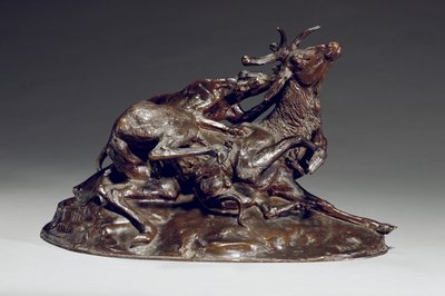 2匹のグレイハウンド（ブロンズ）によって倒されたクワガタ 作： Antoine Louis Barye