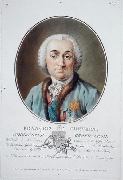 フランソワ・ド・シュヴェール（1695-1769）『フランスの偉大な男性、輝かしい女性、忘れられない人々の肖像』より、ライドが彫ったもので、1787-92年に出版されたカラーリトグラフ。 作： Antoine Louis Francois (after) Sergent Marceau