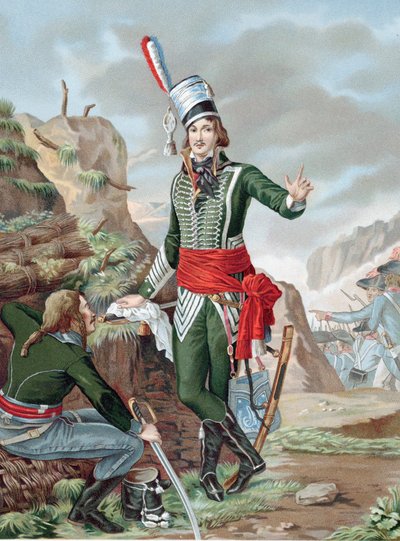 Francois Severin Marceau-Desgraviers (1769-1896) フランス革命軍兵士： ラ・ヴァンデ共和国軍： フルルス、マインツ、マンハイム、コブレンツで戦う。アルテンキルヒェンで致命傷を負う。クロモリトグラフ 作： Antoine Louis Francois (after) Sergent Marceau
