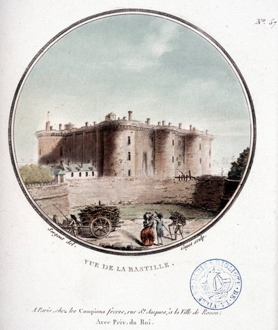 革命前のバスティーユの眺め - セルジュの「パリの主要建築物の絵のある風景」にて 作： Antoine Louis Francois Sergent Marceau