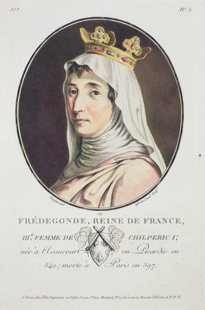 フレデゴンド、フランクの女王、肖像画のデグランオム、輝かしい女性、フランスの思い出に残る主題からの墓、カラープリント、ピエールブリン、1786-92、パリ（色付きのe 作： Antoine Louis Francois Sergent Marceau