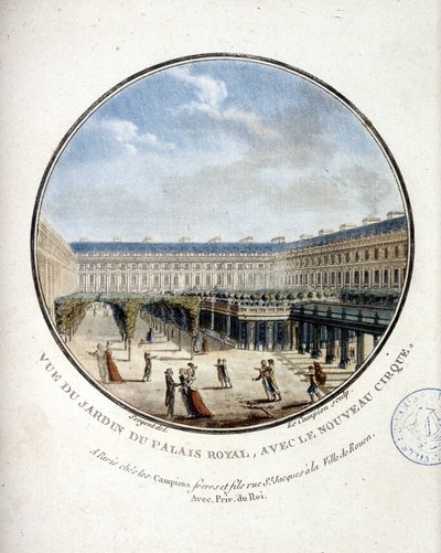 パレ・ロワイヤルの庭の眺め - セルジュの「パリの主要建築物の絵のある風景」の中で 作： Antoine Louis Francois Sergent Marceau