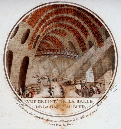 1763年から1766年にかけてメジエールのル・カミュによって建設された新しい市場ホール（現在はパリの証券取引所）の内部の様子。セルジュによるパリの主要建築物のプリトレスクな眺めでは 作： Antoine Louis Francois Sergent Marceau