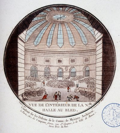 1763年から1766年にかけてメジエールのル・カミュによって建設された新しい市場ホール（現在はパリの証券取引所）の内部の様子。セルジュによるパリの主要建築物のプリトレスクな眺めでは 作： Antoine Louis Francois Sergent Marceau