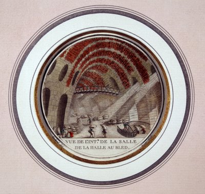 1763年から1766年にかけてメジエールのル・カミュによって建設された新しい市場ホール（現在はパリの証券取引所）の内部の様子。セルジュによるパリの主要建築物のプリトレスクな眺めでは 作： Antoine Louis Francois Sergent Marceau