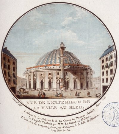 1763年から1766年にかけてメジエールのル・カミュによって建設されたパリの小麦市場の外観（現在はパリの証券取引所セルジュによるパリの主要建築物のプリトレスクな眺めでは 作： Antoine Louis Francois Sergent Marceau