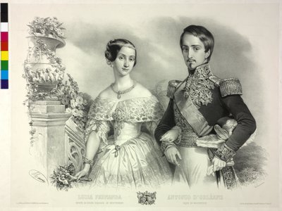 スペインのインファンタと夫アントワーヌ・ドルレアン・ルイザ（リトグラフ） 作： Antoine Maurin