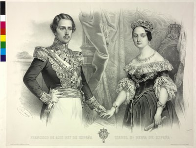 スペイン王妃と夫フランツ・イザベラ2世（リトグラフ） 作： Antoine Maurin