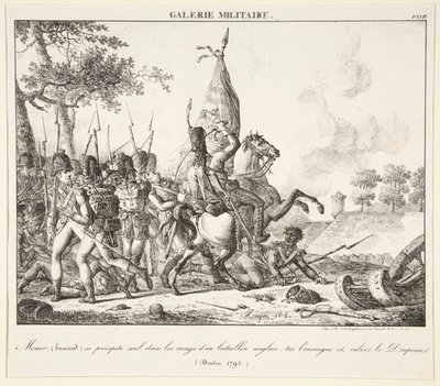 Menier (Hussar) はイギリス大隊の前線に一人で飛び込み、少尉を殺し、旗を奪う (Druten, 1795) 作： Antoine Pierre Mongin