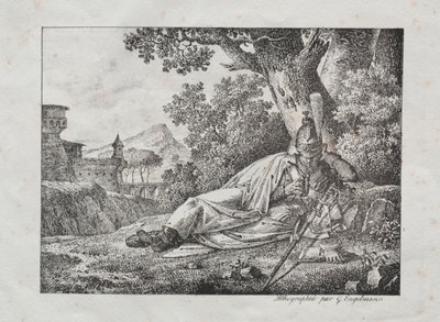石版印刷のテストのコレクション：木の根元にある喫煙ドラゴン、1822年。 作： Antoine Pierre Mongin
