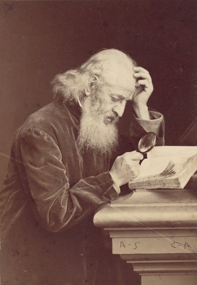 [写本を調べる虫眼鏡を持つひげを生やした男]、1870年代。 作： Antoine Samuel Adam Salomon