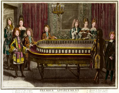 アンジュー公フィリップ（1683-1746）、ベリー公シャルル（1686-1714）、ヴェルサイユ宮殿のルイ14世の第一の居室でポルティコをするプリンス・オブ・ウェールズ - アントワーヌ・トルヴァン（1656-1708）によるエングレーヴィング 個人蔵 - シャ 作： Antoine Trouvain
