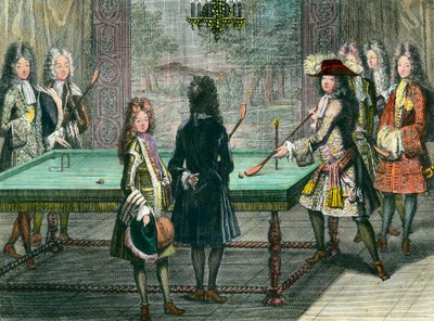 国王ルイ14世（1638年-1715年）が、フィリップ・デュク・ドルレアン（1640年-1701年）とビリヤードをしている様子。アントワーヌ・トルヴェイによるエングレーヴィング 作： Antoine Trouvain