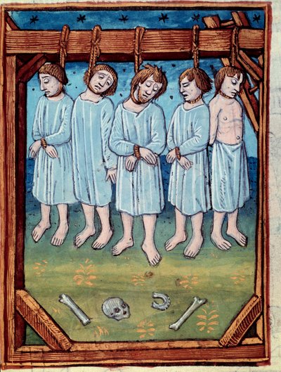 5人の男性が絞首刑になりました。 「サンドニの年代記」パリのミニチュア、アントワーヌベラール 作： Antoine Verard