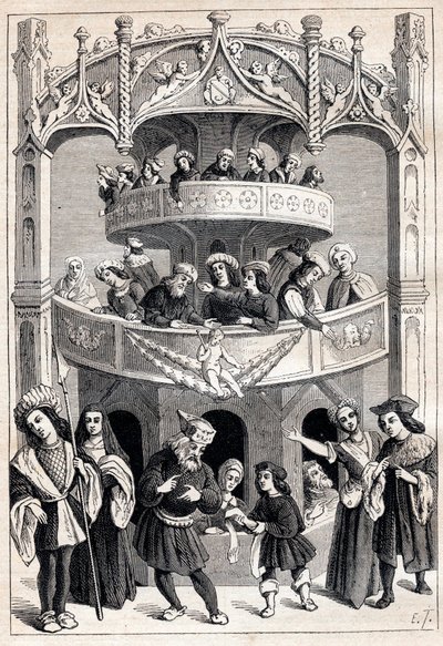 アントワーヌ・ヴェラール（1485-1512年）の「フランソワのグラント・テレンス」の扉-16世紀の演劇的表現 作： Antoine Verard