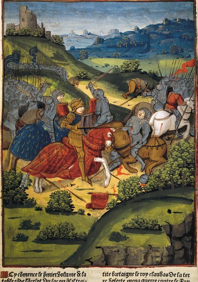 Lancelot em uma batalha - VERARD, Antoine (século XV). Editora e livreira inglesa.; LANCELOTE (séc. VI). Cavaleiro da corte do Rei Artur. Lancelot em uma batalha. Ilustração de “Lancelot du Lac” de Antoine Verard (1494). arte gótica. Pintura em miniatura.  作： Antoine Verard