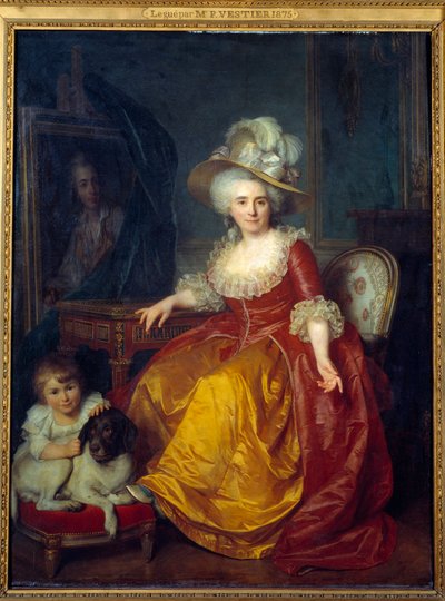 マダム・ヴェスティエ（1740-1831）の足元には子供がいて、犬の耳をつねっている肖像画 アントワーヌ・ヴェスティエ（1740-1824）の絵画 1787年 Sun.1,76×1,34メートル 作： Antoine Vestier