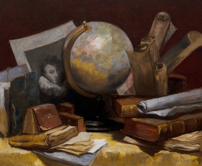 世界地図と本と羊皮紙のある静物画 作： Antoine Vollon