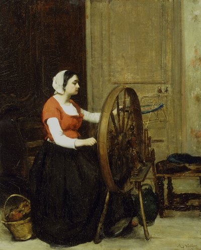女性と糸車、1860年頃？ 作： Antoine Vollon