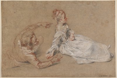 リクライニングする男性と地面に座る女性 作： Antoine Watteau