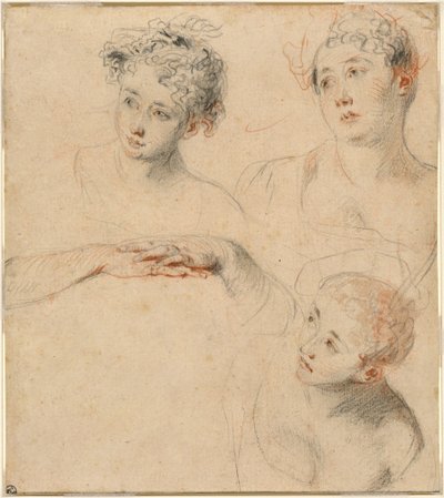 女性の頭の 3 つの研究と手の研究 [直訳] 作： Antoine Watteau