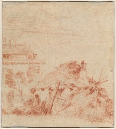家、コテージ、および 2 つの図のビュー [裏面] 作： Antoine Watteau