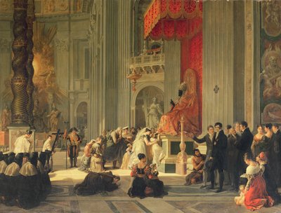 1812年、ローマのサンピエトロ大聖堂で聖ペテロ像の足にキスをする 作： Antoinette Cecile Hortense Lescot Haudebourt