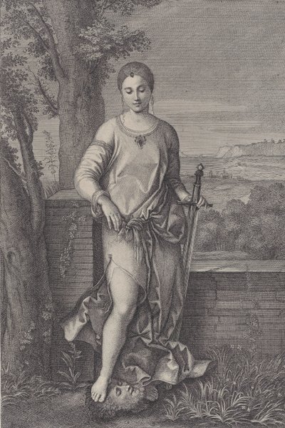 ホロフェルネスの頭に足を乗せて立っているジュディス。 1729年。 作： Antoinette Larcher