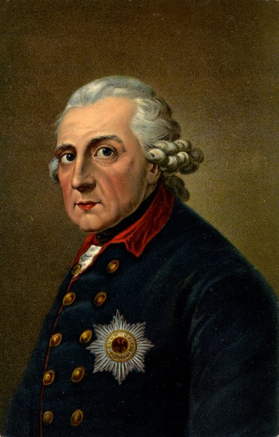 History. Germany. Frederick II the Great. Illustration inspired from a portrait by Anton Graff (1780), Germany, c.1900 (postcard)   1438734   ja       japanese Successfully Translated  Original: Matsuchiyama, SanYa Moat, Night Scene (colour woodblock print 作： Anton (after) Graff
