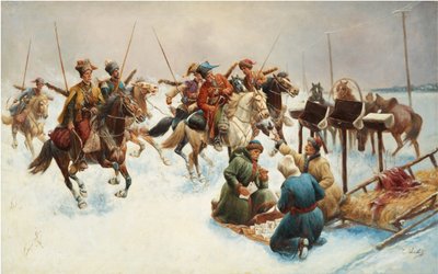 コサックのある冬の風景 (郵便配達) - Adolf Baumgartner Stoiloff (Baumgartner-Stoiloff) 作 (1850-1924)、キャンバスに油彩、82x130 cm - 個人蔵 作： Anton Baumgartner Stoiloff