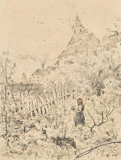 教会と村の裏、庭にいる農民の少女 作： Anton Brioschi