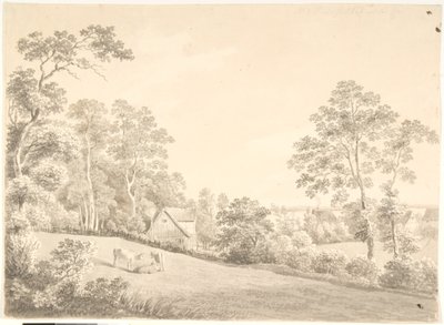 エルベ川沿いの家と牛のいる風景 作： Anton Carl Dusch