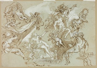 ヘラクレスの神格化（レクト）；馬の頭部、馬の前脚、祭壇画またはシボリウムのスケッチ（裏面） 作： Anton Domenico Gabbiani