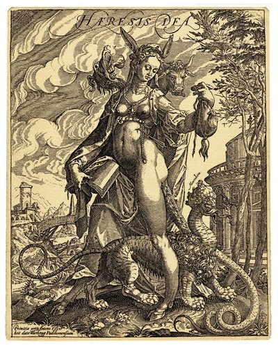 ヘレシアの神、ロバの耳を持つ女性の姿で描かれた寓意的な人物で、破れたページの本を持ち、股の間には怪物のような生き物がいる。アントン・アイゼンハウト（1554-1603）による反改革派の風刺版画 16世紀末 作： 