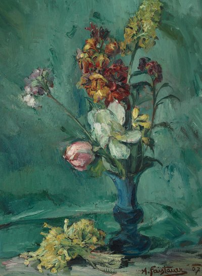 青い花瓶の花とサクラソウの束 作： Anton Faistauer