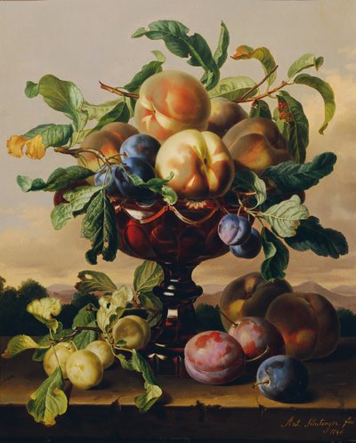 赤いガラスのボウルに桃とプラムのある静物 作： Anton Hartinger