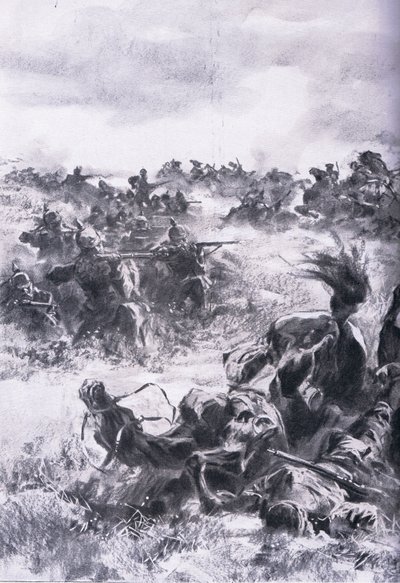 Praszyszでのロシア第14騎兵旅団の敗北（Union Berlagsefellfchaft発行「The Illustrated History of the World War 1914-1915」より）。 作： Anton Hoffman